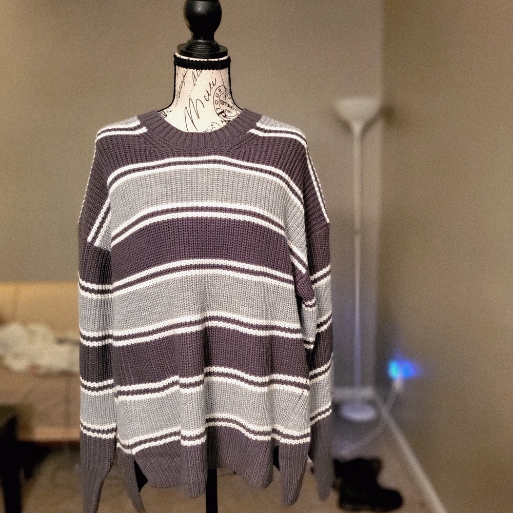 SO Women's Sweater in Purple and Gray Stripes